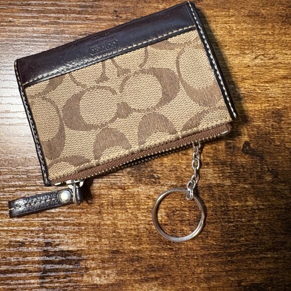 Coach Hampton Signature Mini Skinny ID Card Case Khaki Brown Leather Keychain - Picture 7 of 7